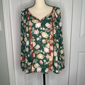 DR2 Boho Floral Frenzie long sleeve‎ v-neck Flowy Fall Green Pink Blouse size M